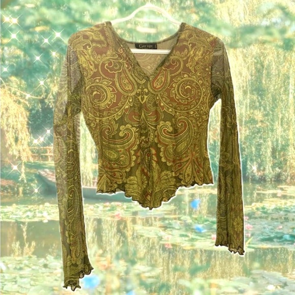 Y2K Garage Green Paisley Long Sleeve Mesh Top - Picture 1 of 6